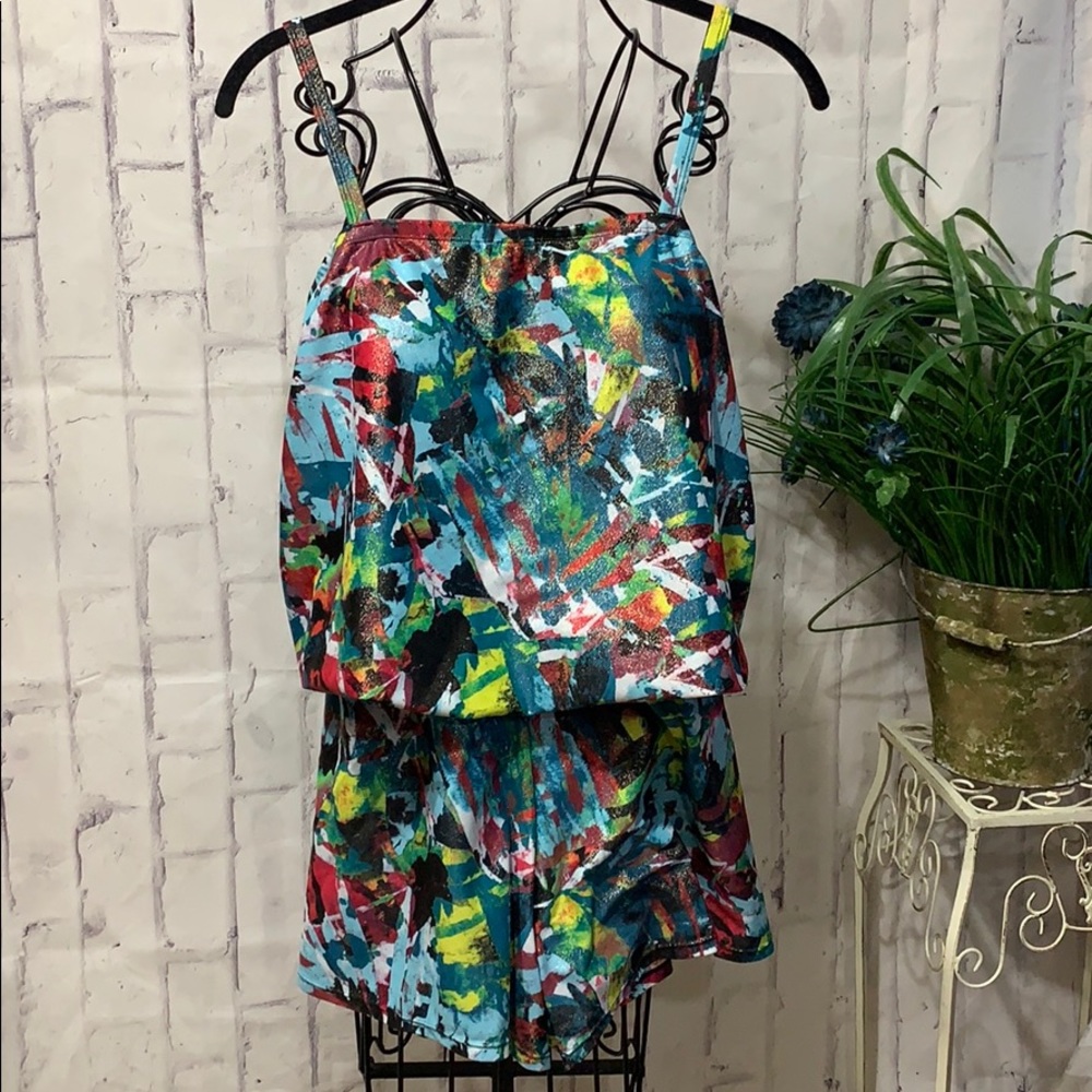 St. Tropez Swim Shorts Romper Abstract Print Metallic Accents Adjustable Straps